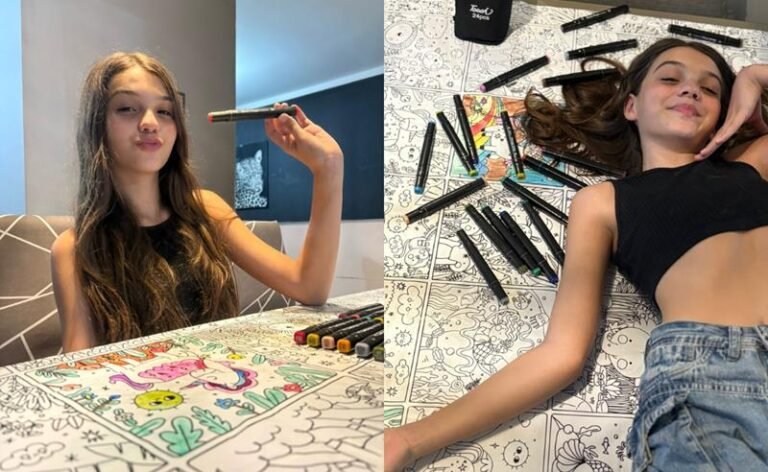 Modelo mirim Helena Legramante solta a imaginação com a divertida toalha de colorir Decorelli