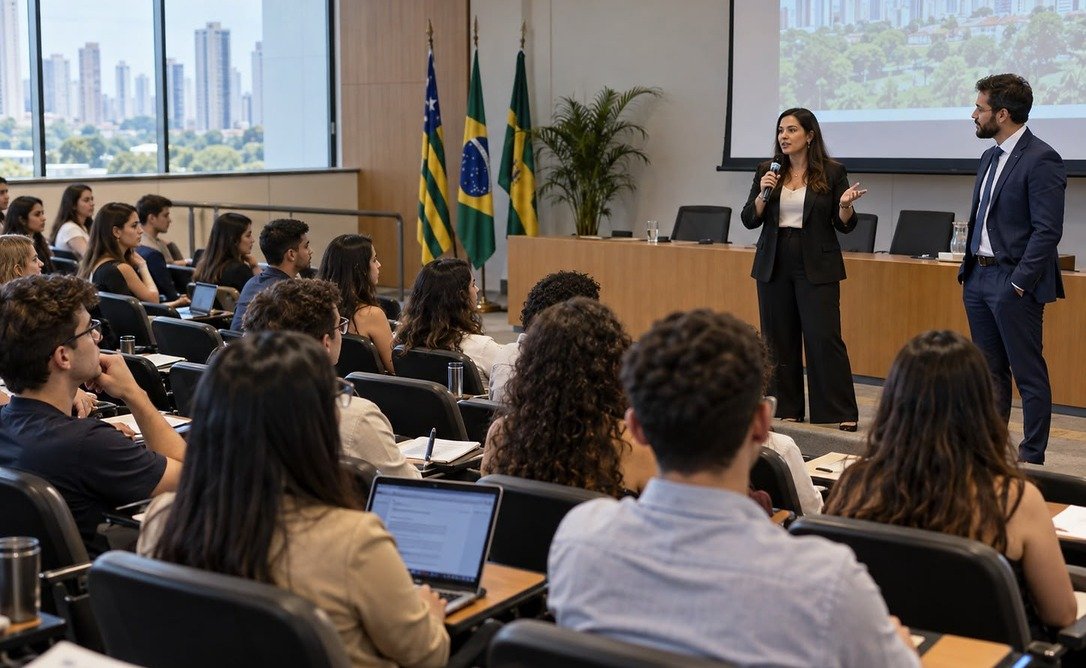 Estudantes da Escola de Negócios da UNIALFA participam de encontro sobre oportunidades de formação prática e atuação junto à Defensoria Pública do Estado de Goiás, em Goiânia.